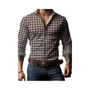 Imagem de Camisa Masculina De Manga Longa Com Estampa Xadrez Oversized, Botão Fr