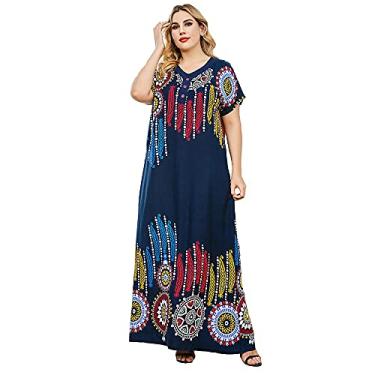 Imagem de 3FLQOOPP Vestido longo casual plus size estampa azul saia terno para mulheres roupão feminino alto manga curta (azul 3X)