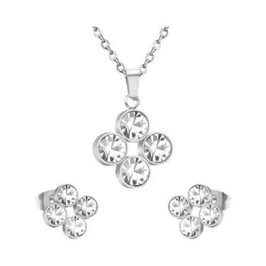 Imagem de Conjunto De Joias Femininas Em Aço Inoxidável Com Flor E Zircônia Cúbi