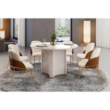 Imagem de Conjunto: Mesa de Cozinha Chanel c/ Tampo Madeirado c/ Vidro Redondo 136x136cm e 6 Cadeiras Vitta Off White - Boucle Perola/Terracota - DJ Móveis