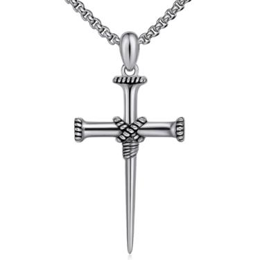 Imagem de CCmfgjew Presentes de Dia dos Namorados para ele, colar com três unhas, cruz de aço inoxidável, pingente de cruz de 3 unhas, joias cristãs, presentes de aniversário para pai, marido, irmão, 52 + 5 cm