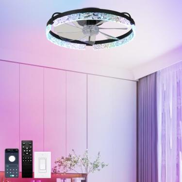Imagem de Finktonglan Ventilador de teto de 50 cm com montagem embutida de cristal com luz, preto, RGB e branco ajustável, aplicativo/remoto, motor silencioso reversível, 6 velocidades, perfil baixo