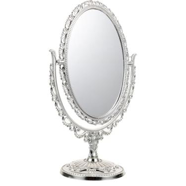 Imagem de Espelho cosmético estilo europeu espelho de maquiagem de mesa dupla face formato elíptico retrô vintage suporte giratório de reflexão de alta definição para uso doméstico banheiro quarto