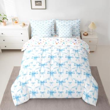 Imagem de Feelyou Conjunto de edredom com laço azul, 7 peças, tamanho casal, com laço kawaii, para crianças, adolescentes e adolescentes, decoração de quarto, microfibra leve e macia