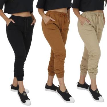 Imagem de Kit 3 Peças Calça Jeans Feminina Joguer Preto Azul Bege, 46