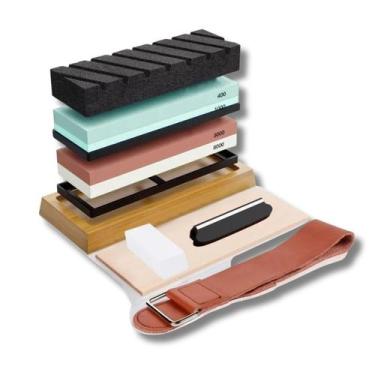 Imagem de Kit Pedras De Afiar Profissional 400/1000 3000/8000 + Base Bambu E Gui