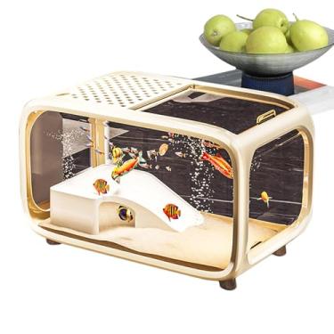 Imagem de Tanque de peixes, aquário de mesa com decoração de escalada - Recipiente de paisagem de acrílico transparente com orifício de alimentação para camarão betta, caracóis, tartarugas, animais