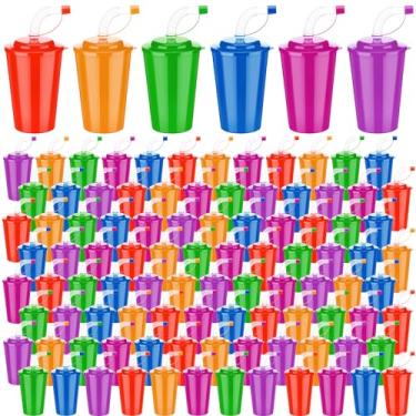 Imagem de Zubebe Canudos neon copos infantis 340 g copos neon coloridos com tampa e tampas copos de plástico copos de favores copos reutilizáveis para festa de aniversário eventos suprimentos, 6 cores (96