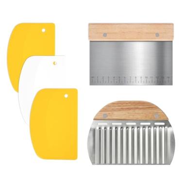 Imagem de Raspador de bancada com 5 peças, raspador de bancada de cozinha, 2 peças, raspador de massa de aço inoxidável com cabo de madeira e 3 peças de raspador de alimentos PP com orifício para pendurar
