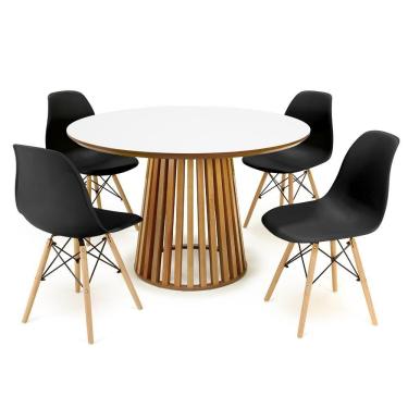 Imagem de Conjunto Mesa De Jantar Redonda Luana Amadeirada Branca 120cm Com 4 Cadeiras Eames Eiffel - Preto