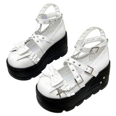 Imagem de Tênis feminino punk Mary Jane plataforma com corrente de laço rebite, casual, couro gótico, preto, bico redondo, salto grosso, jeans, saias para Halloween, viagem, festa, cosplay, encontros, - Estilo