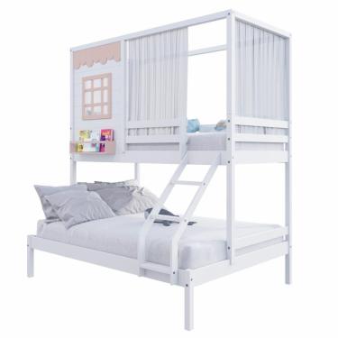 Imagem de Beliche Casinha Reta Casal- Solteiro Com Cortina Madeira Maciça Branco- Rosa Housin