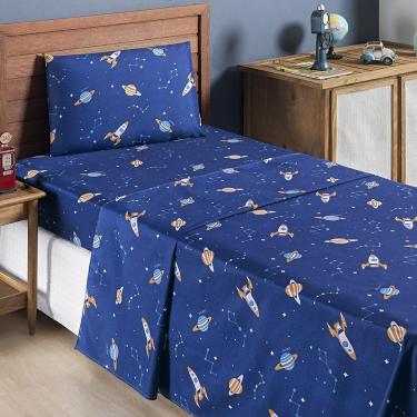 Imagem de Jogo Cama Lençol Fantasy Solteiro Cama Quarto Infantil Microfibra 3 Peças Galáxia Espaço Azul