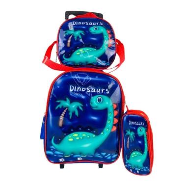 Imagem de Kit Mochila Rodinha Lancheira Estojo Escolar Dinossauro Azul