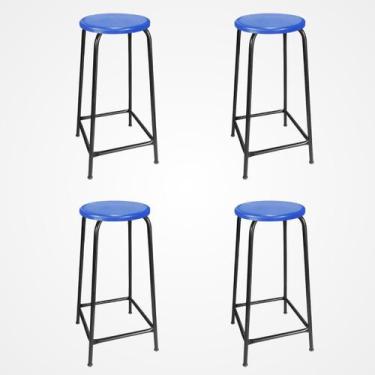 Imagem de KIT 4 Banco de Metal Assento Plástico Azul Altura 75cm Empilhável para