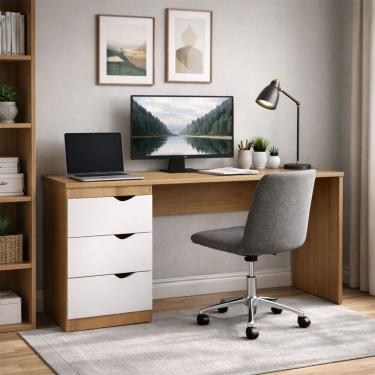 Imagem de Mesa Escrivaninha Porto 3 Gavetas 40250685 Branco/Freijó - Politorno