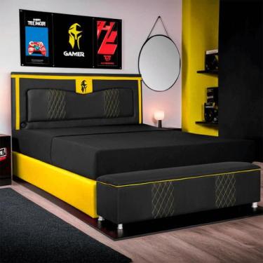 Imagem de Kit Quarto Gamer Baú e Painel Fighter USB 140cm Cama Casal - SOFA STOR