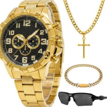 Imagem de Relogio masculino dourado + pulseira + oculos sol original casual reli