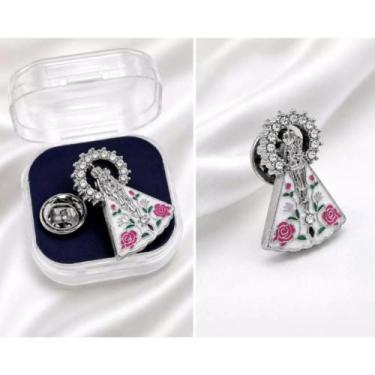 Imagem de Broche Botton Nossa Senhora de Nazaré Metal Rosa Com Pedras + Caixinha