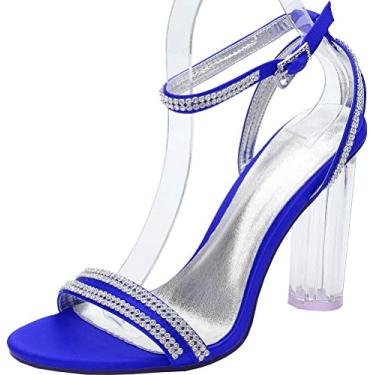 Imagem de Sandálias femininas de salto grosso com strass aberto 10 cm salto transparente tornozelo fivela cinta casamento noiva vestido sapatos, Azul, 6