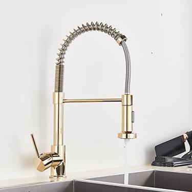 Imagem de Torneira de cozinha de níquel escovado pull down torneira misturadora de água de cozinha rotação de 360 ​​graus torneiras de pia de cozinha torneira de água quente e fria, polonês de ouro, china