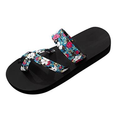 Imagem de Chinelos femininos florais de praia chinelos fashion chinelos de fundo grosso chinelos femininos sandálias planas tamanho 7, Azul, 7
