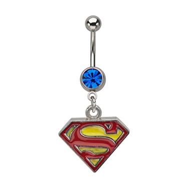 Imagem de DC Comics Anel de umbigo com pingente de aço inoxidável cirúrgico 316 unissex logotipo Superman de e durável com pedra azul. Cor: vermelho, amarelo, azul., One Size, Aço inoxidável, aço