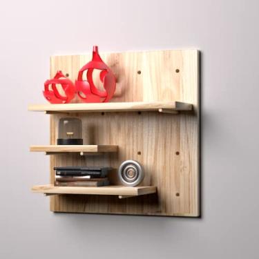 Imagem de Moai Painel Pegboard com 3 Prateleiras Quadrado Madeira De Pinus 40 Cm Moderno, Minimalista