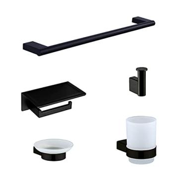 Imagem de Acessórios de banheiro de aço inoxidável preto barra de toalha rack de armazenamento de vidro saboneteira escova de banheiro suporte de papel prateleira gancho de roupão, conjunto de 5 peças