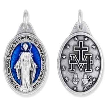 Imagem de Caritas et Fides Pacote a granel de 10 - pingente de medalha milagrosa - 2,5 cm prata oxidada com detalhe de esmalte azul pingente de medalhas milagrosas para colar, medalhas para joias católicas,