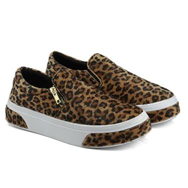 Imagem de Slip On Feminino em Camurça Com Solado Antiderrapante Tênis Casual Conforto 503-GG (36, Onça)