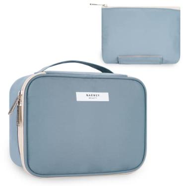 Imagem de Narwey Bolsa de maquiagem de viagem com compartimentos de pincel, bolsa de cosméticos portátil, bolsa organizadora de maquiagem com armazenamento de pincéis para mulheres (azul acinzentado)
