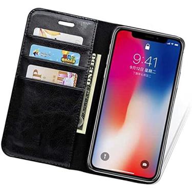 Imagem de KOSSMA Capa carteira flip para Apple iPhone 13 (2021) 6,1 polegadas, capa protetora fólio de couro genuíno [Suporte] [Slots para cartões] (Cor: Preto)