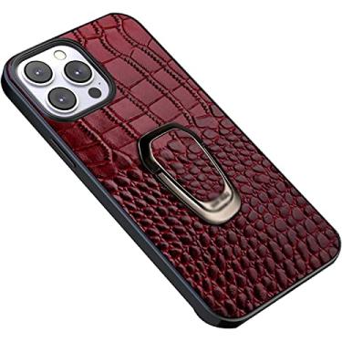 Imagem de RAYESS Capa para iPhone 14 Pro com suporte de anel, textura clássica de crocodilo couro genuíno TPU silicone capa protetora fina híbrida para iPhone 14 Pro (cor: vermelho)