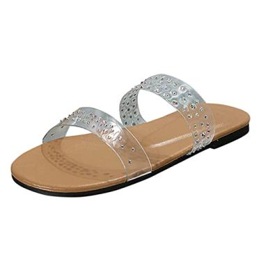 Imagem de Chinelos de casa femininos com suporte para os pés moda feminina verão transparente PVC strass decoração confortável sandálias de praia planas (cáqui, 7)