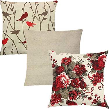 Imagem de Kit 3 Capas de Almofadas Composê Pássaros, Floral e Linho Liso 45x45cm