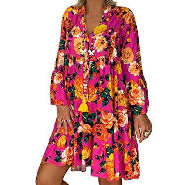 Imagem de Vestido feminino de verão vintage, solto, estampa floral, comprimento até o joelho, casual, sem mangas, vestido midi, Rosa choque, XXG