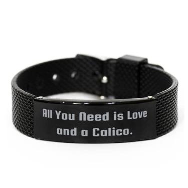 Imagem de SpreadPassion All You Need is Love and a Calico. Bracelete de malha de tubarão preto gato Calico, presentes de gato Calico, pulseira gravada para amigos