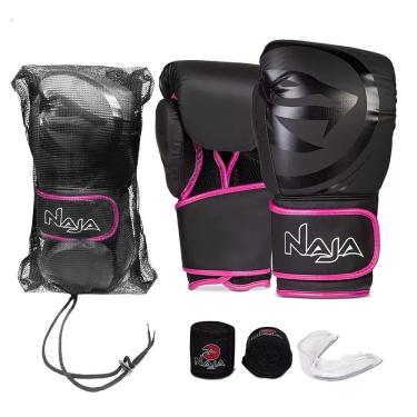 Imagem de Kit Luva de Boxe Muay Thai - Naja Black Preto/Rosa + Bandagem + Bucal