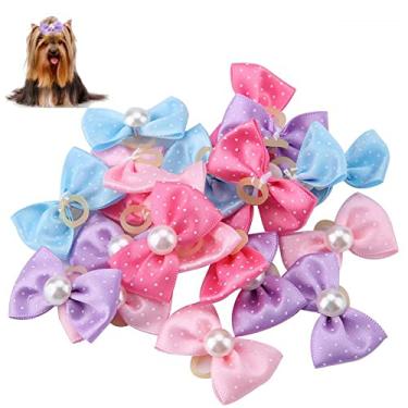 Imagem de 20 peças de laços de cabelo de cachorro com elásticos para cães pequenos pontos de filhote de cachorro pérola falsa padrão de de cabelo faixa de cabelo para animais de