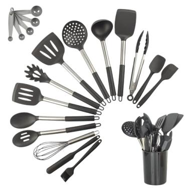 Imagem de Kit 15 Utensílios De Cozinha Com Cabo De Inox e Silicone Premium (Preto)