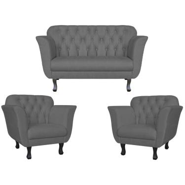 Imagem de Kit Namoradeira + 2 Poltronas Decorativa Dália Suede Cinza Pés Madeira Mz Decor