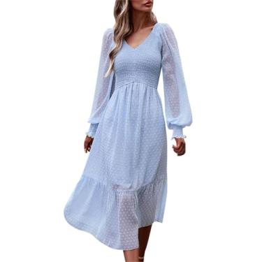 Imagem de Vestido feminino de cor sólida com decote em V Jacquard cintura alta slim fit vestido de manga comprida vestidos de verão casual maxi, Bu2, GG