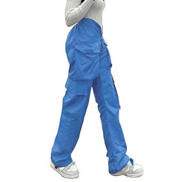 Imagem de Calça cargo larga para mulheres, cintura elástica, ajuste relaxado, calça de paraquedas franzida, vários bolsos, Y2K, O#_azul, M