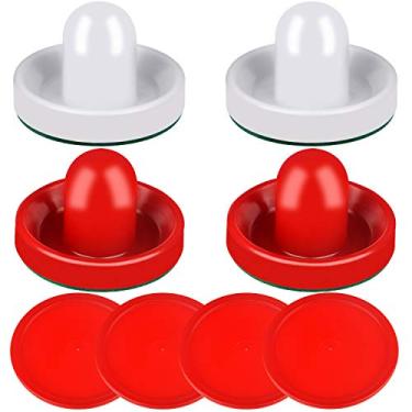 Imagem de ONE250 Air Hockey Pushers and Red Air Hockey Pucks, Goal Handles Paddles Acessórios de Substituição para Tabelas de Jogo (4 Striker, 4 Puck Pack) (Branco e Vermelho)