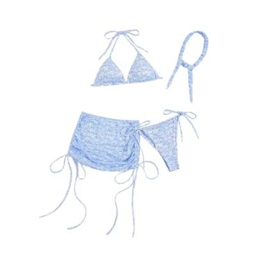 Imagem de SOLY HUX Biquíni triangular, feminino, 4 peças, com saia de praia de malha e estampa bandana, Azul e branco, XXG
