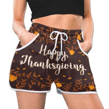 Imagem de Short atlético feminino Happy Thanksgiving outono folha de bordo verão casual atlético confortável secagem rápida academia treino, Multi, XXG
