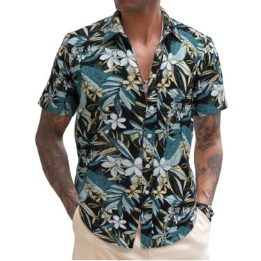 Imagem de COOFANDY Camisa masculina casual de linho manga curta abotoada verão praia, Z-flores-amarelo, GG