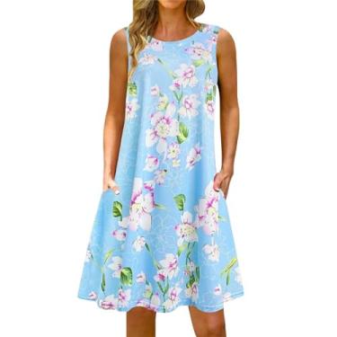 Imagem de Vestido feminino com estampa de camuflagem floral primavera e verão solto gola redonda suspensório sem mangas colete bolso roupas sociais femininas, Azul claro, 3G