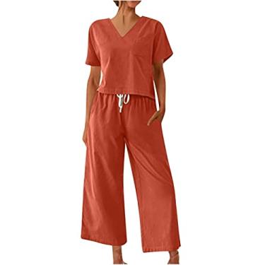 Imagem de Conjunto feminino de 2 peças, blusa cropped de linho, manga curta e calça capri de cintura alta, conjunto de roupas modernas 2024, Laranja, X-Large